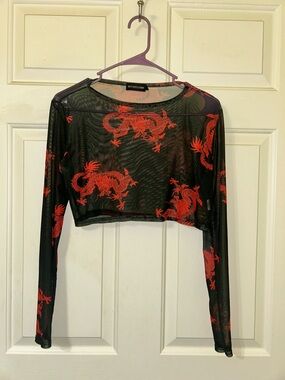 PrettyLittleThing Black Mesh Long-Sleeve Crop Top with Red Dragon Motif